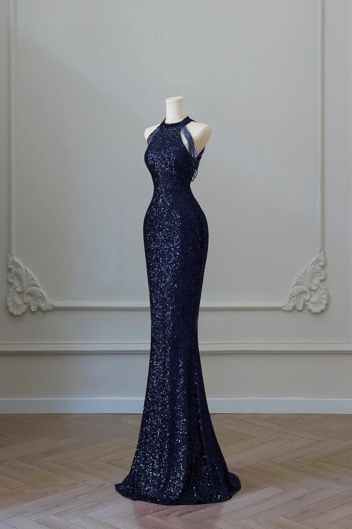 Navy Sequins Long Mermaid Prom Dress, Elegant Off the Shoulder Party Dress